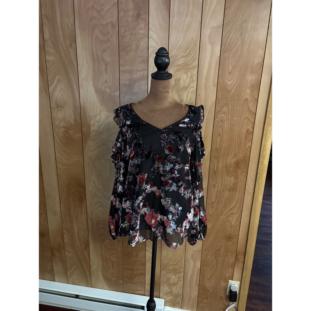 White House Black Market Floral Burnout Velvet Cold Shoulder Blouse Black Size 2
